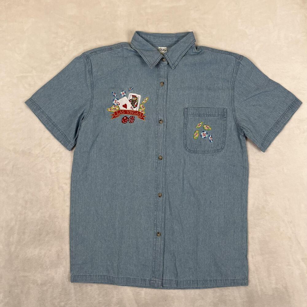 Vintage Las Vegas Casino Poker Short Sleeve Shirt Womens Large Blue Chambray